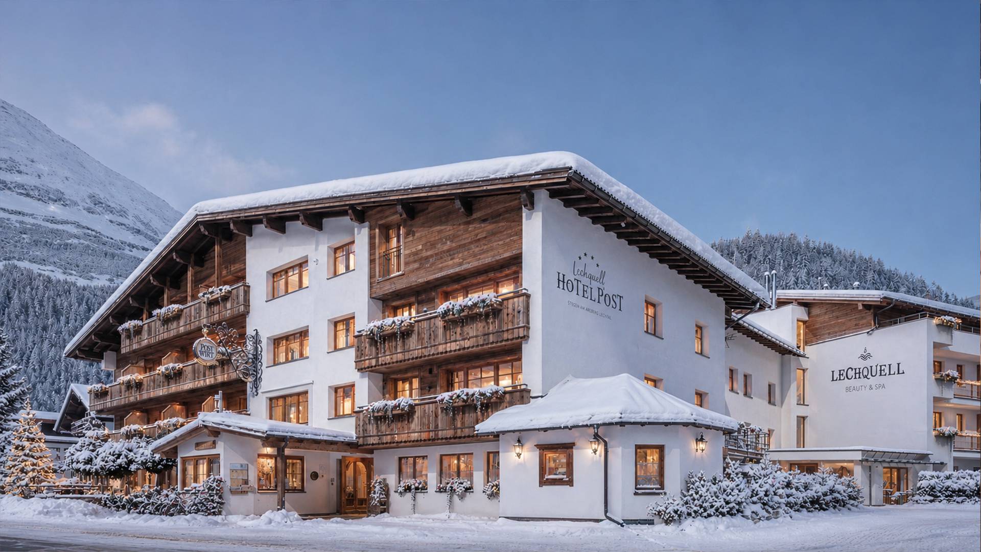 Das Lechquell Hotel Post im Winter - Außenansicht