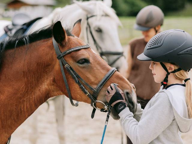 Kind met rijhelm aait het bruine paard